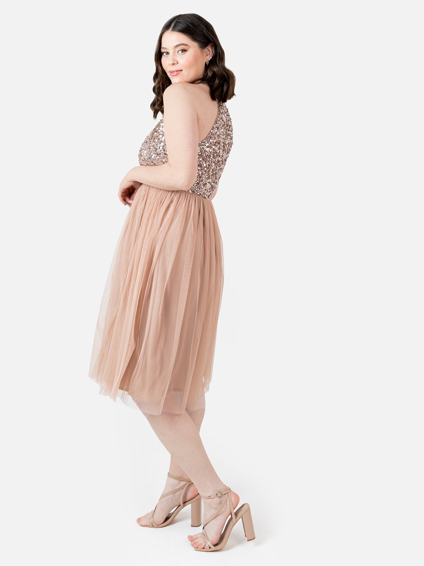 Maya Taupe Blush Embellished Halter Neck Midi Dress