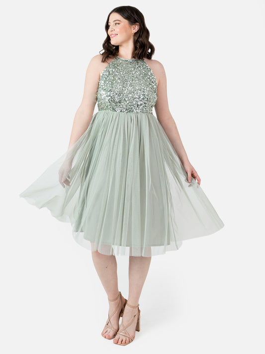 Maya Sage Green Embellished Halter Neck Midi Dress