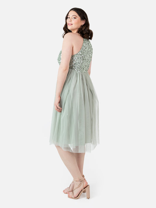Maya Sage Green Embellished Halter Neck Midi Dress