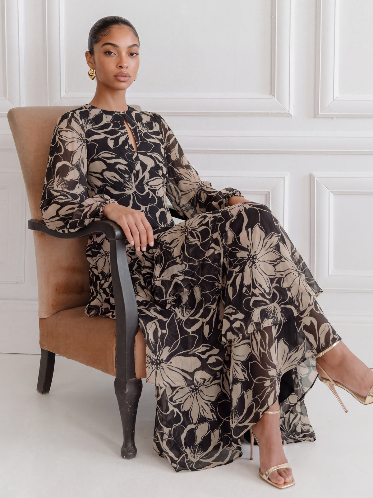 Anaya With Love Recycled Floral Long Sleeve Tiered Maxi Dress
