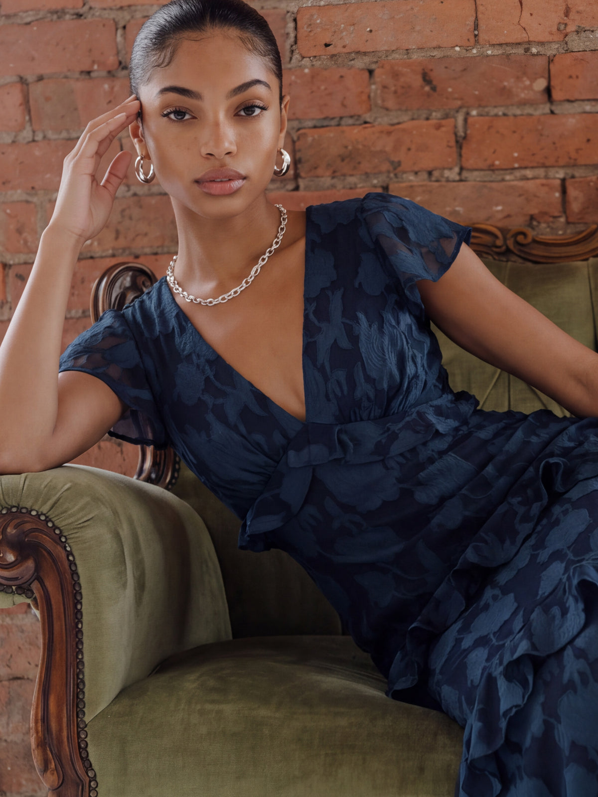 Anaya With Love Recycled Navy Floral Burnout V Neck Ruffle Midi Dress