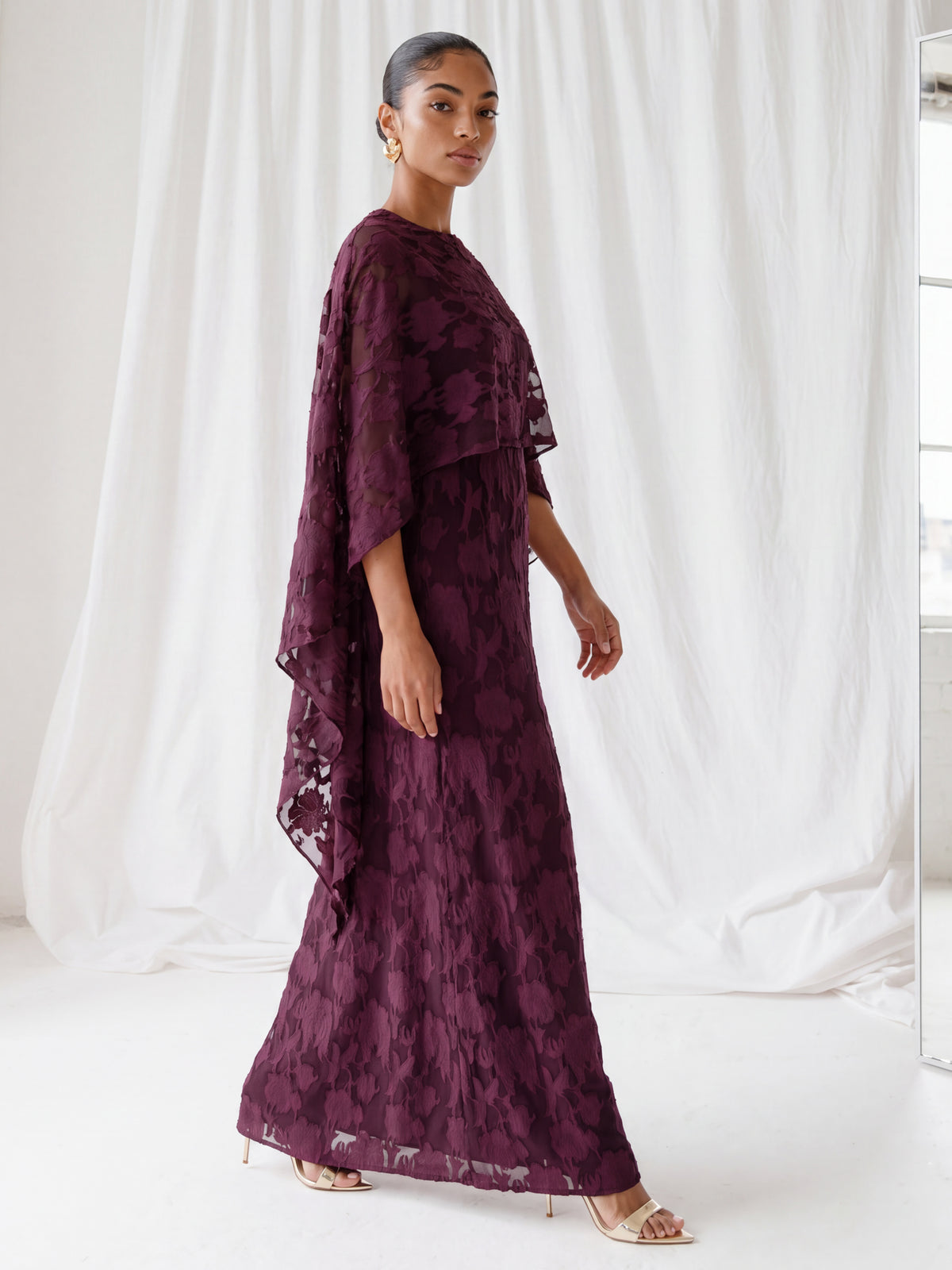 Anaya With Love Recycled Fig Floral Burnout Cape Sleeve Maxi Dress