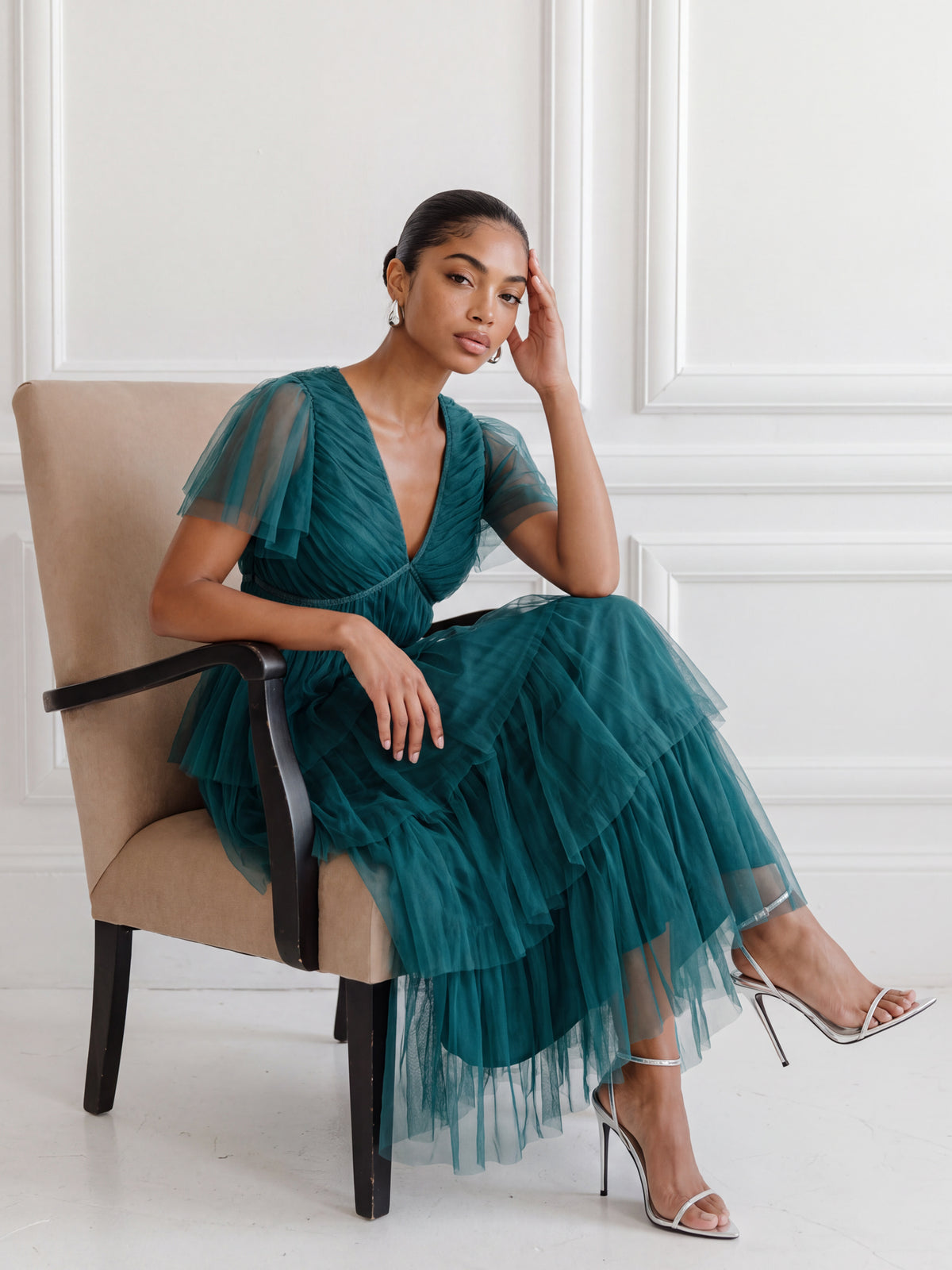 Anaya With Love Recycled Teal Short Sleeve Tiered Midaxi Dress