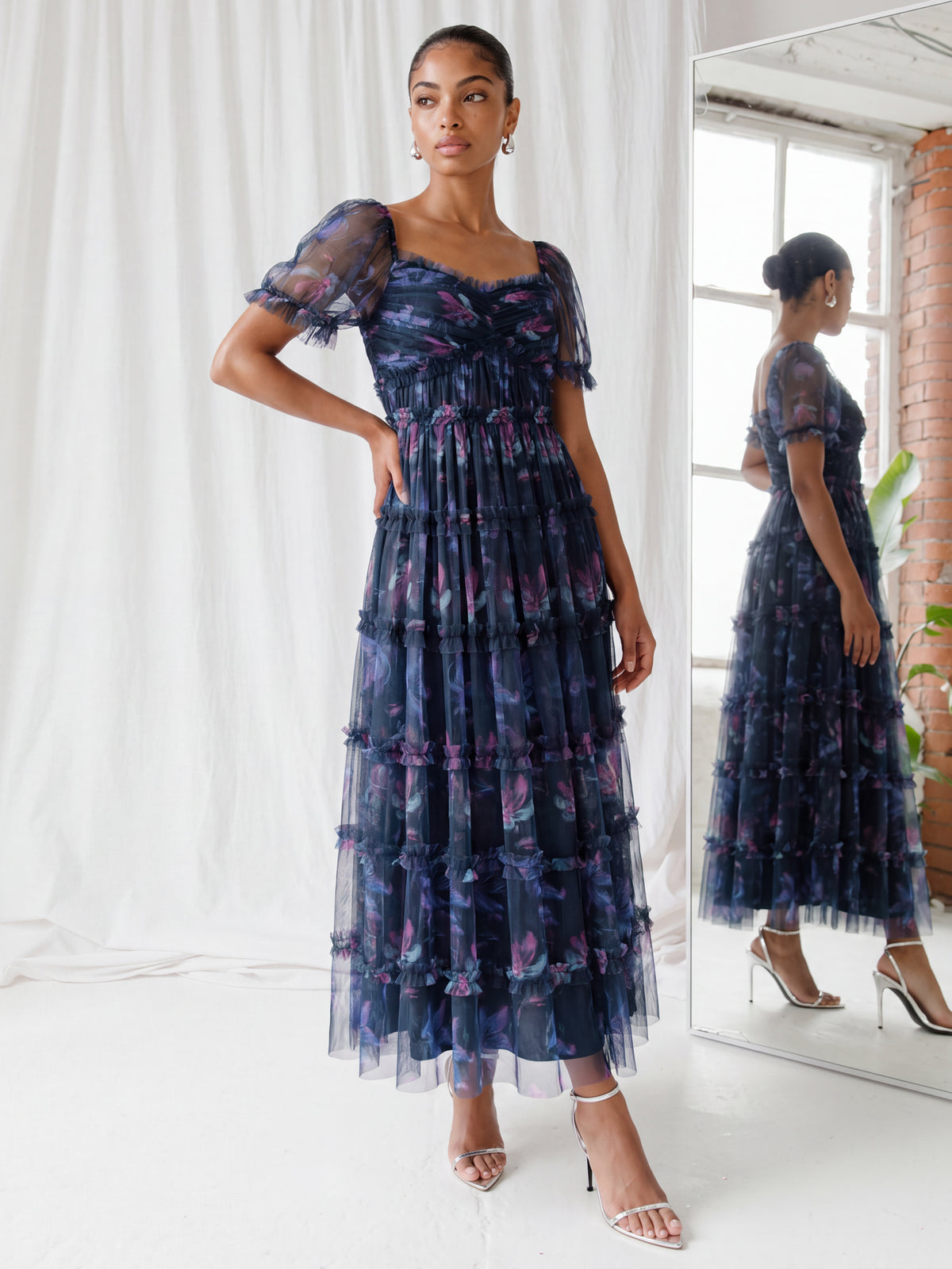 Anaya With Love Recycled Navy Floral Print Ruffle Midaxi Dress