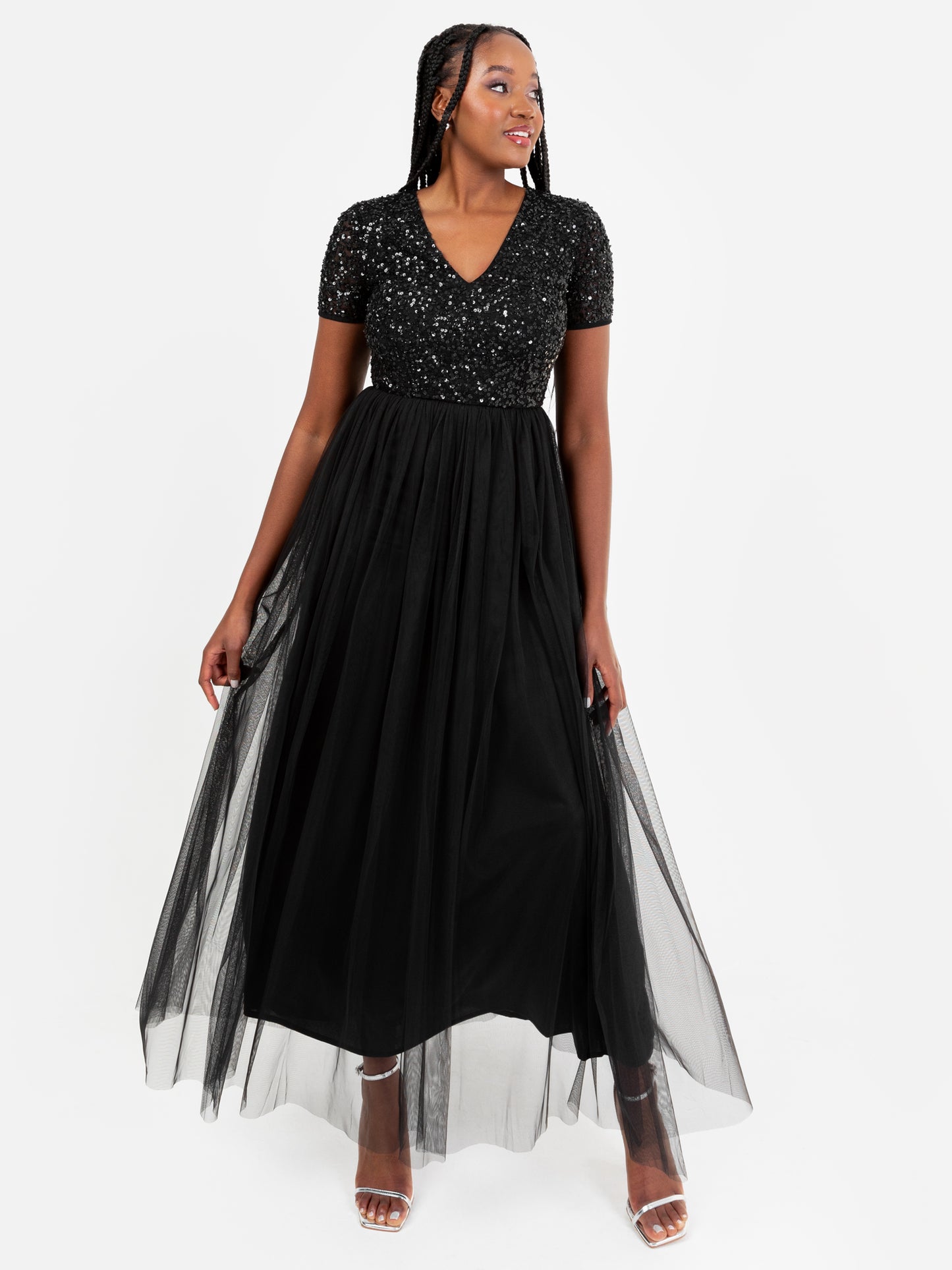 Maya Black V Neckline Embellished Maxi Dress