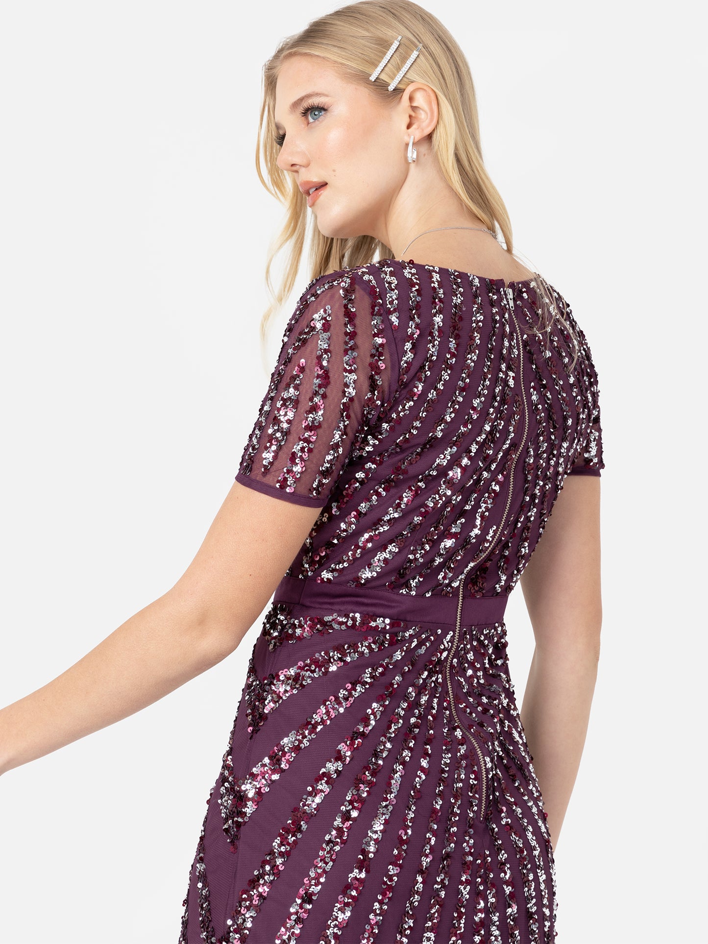 Maya Berry Short Sleeve Stripe Embellished Maxi Dress