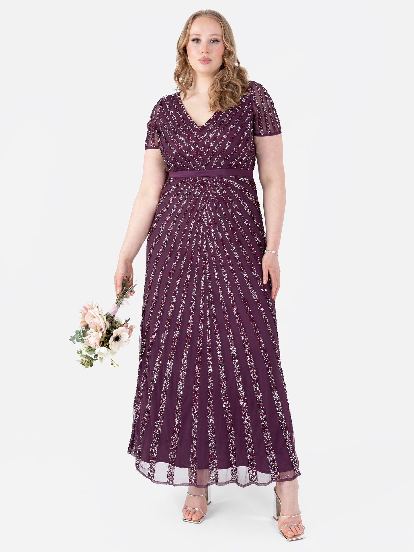 Maya Berry Short Sleeve Stripe Embellished Maxi Dress