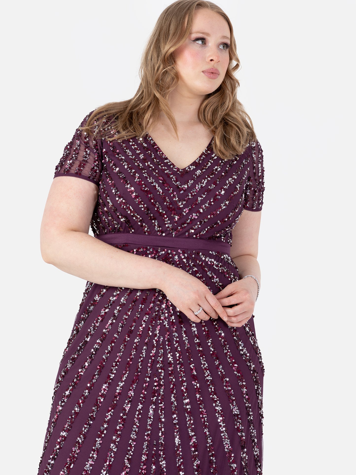 Maya Berry Short Sleeve Stripe Embellished Maxi Dress