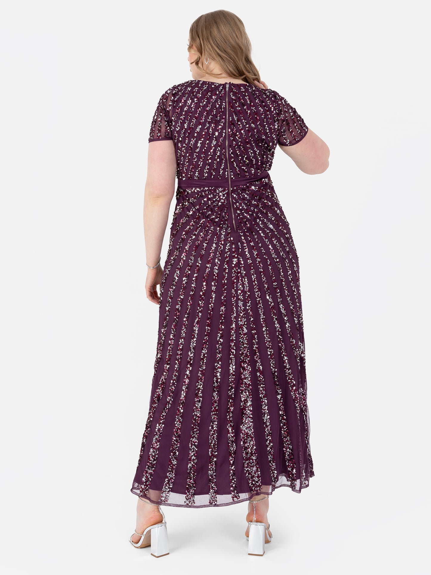 Maya Berry Short Sleeve Stripe Embellished Maxi Dress