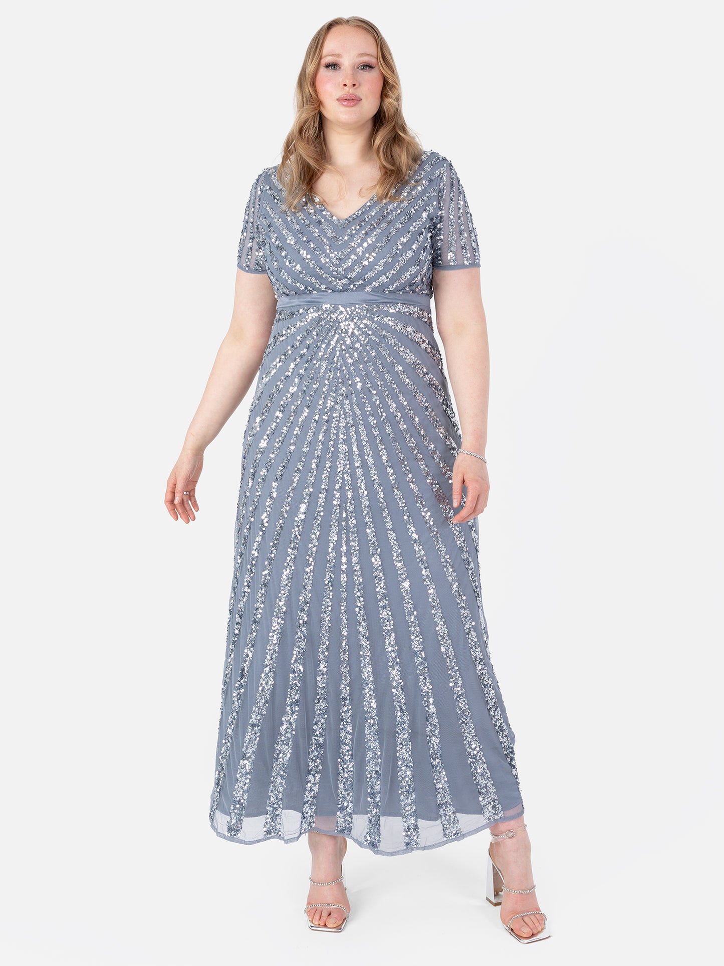 Maya Dusty Blue Short Sleeve Stripe Embellished Maxi Dress