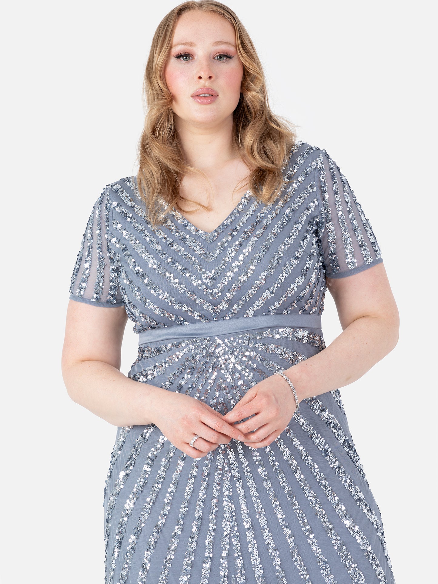 Maya Dusty Blue Short Sleeve Stripe Embellished Maxi Dress