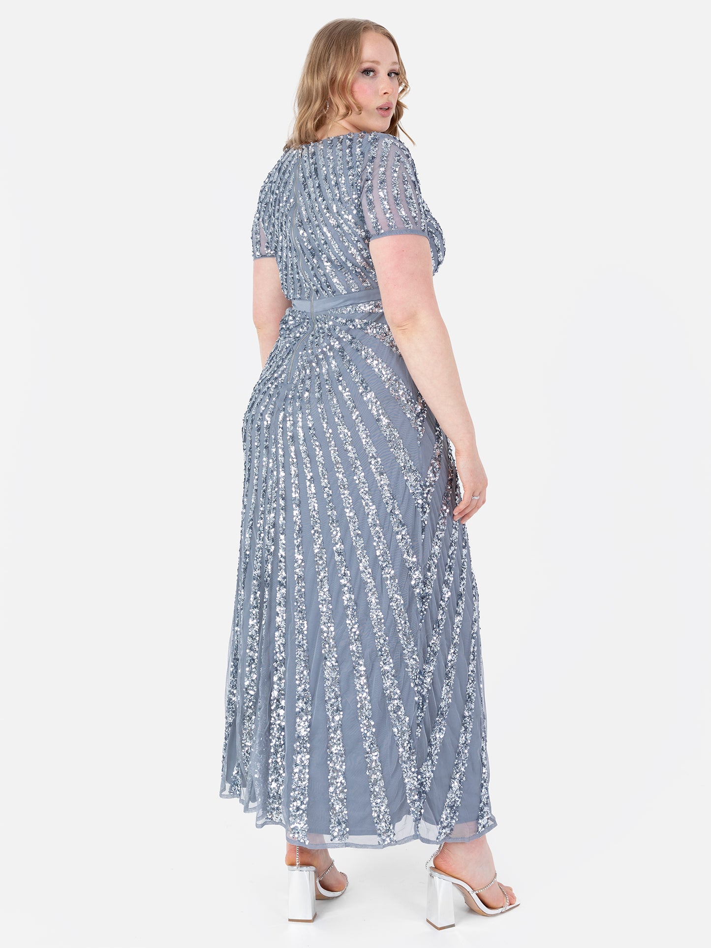 Maya Dusty Blue Short Sleeve Stripe Embellished Maxi Dress
