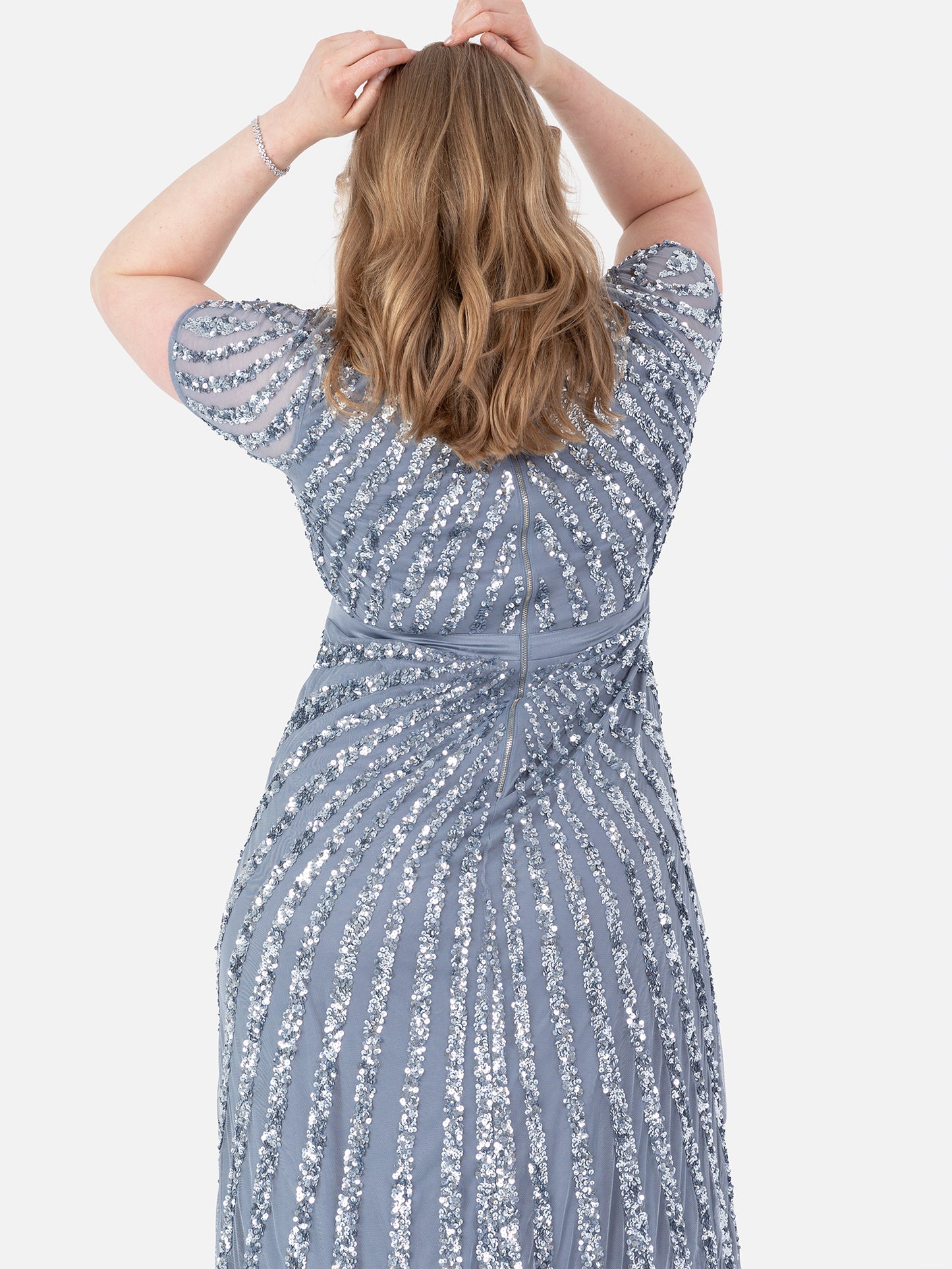 Maya Dusty Blue Short Sleeve Stripe Embellished Maxi Dress