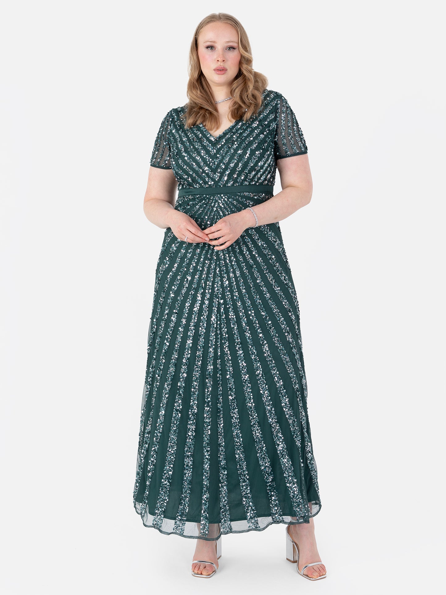 Maya Emerald Green Short Sleeve Stripe Embellished Maxi Dress