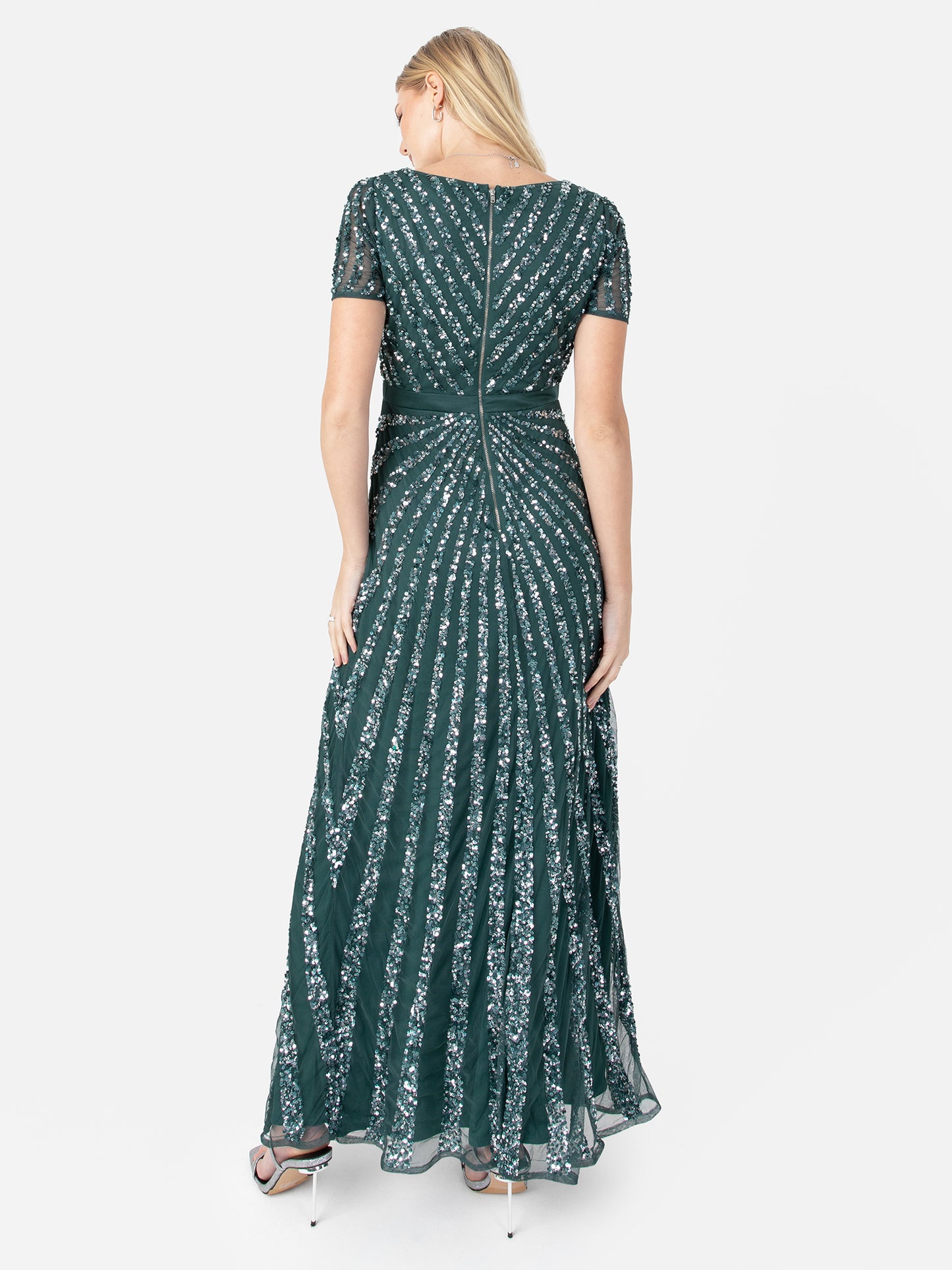 Maya Emerald Green Short Sleeve Stripe Embellished Maxi Dress