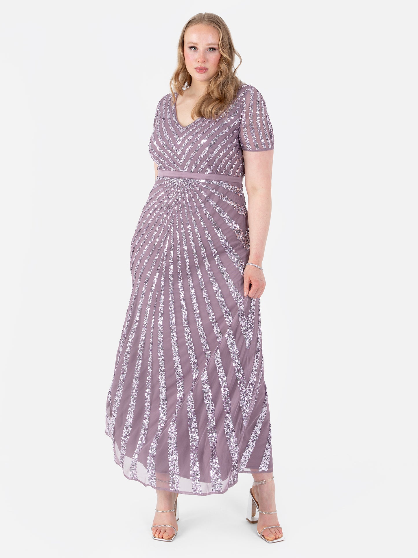 Maya Moody Lilac Short Sleeve Stripe Embellished Maxi Dress