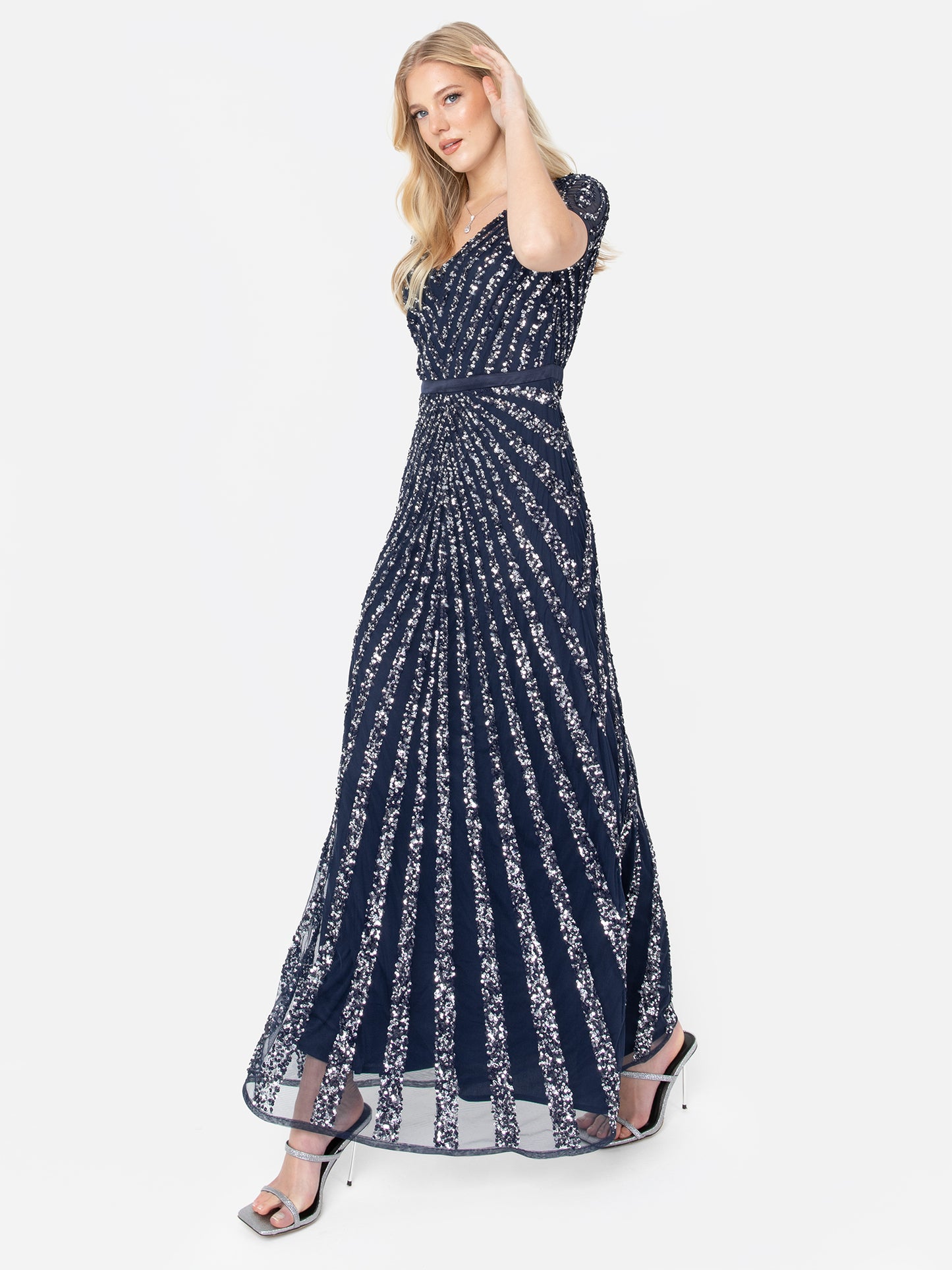 Maya Navy Short Sleeve Stripe Embellished Maxi Dress