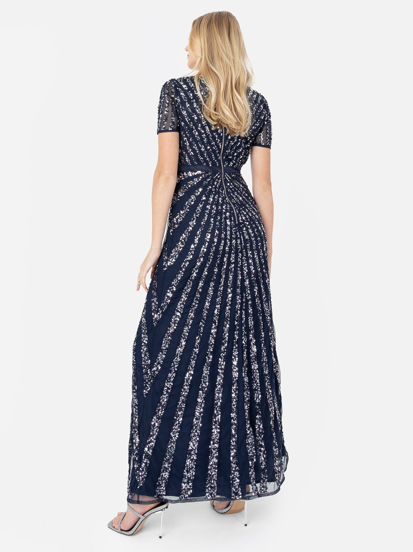 Maya Navy Short Sleeve Stripe Embellished Maxi Dress