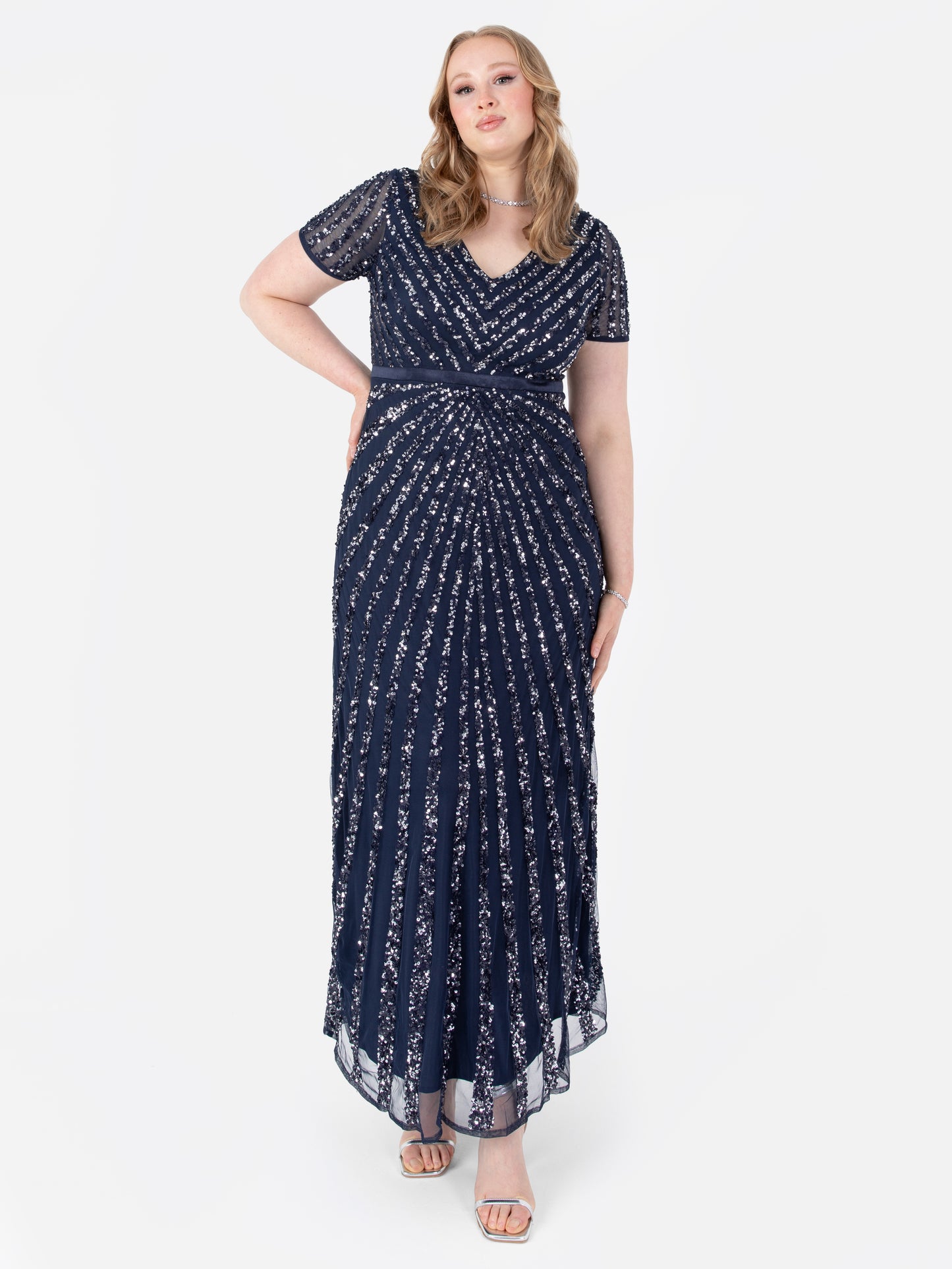 Maya Navy Short Sleeve Stripe Embellished Maxi Dress