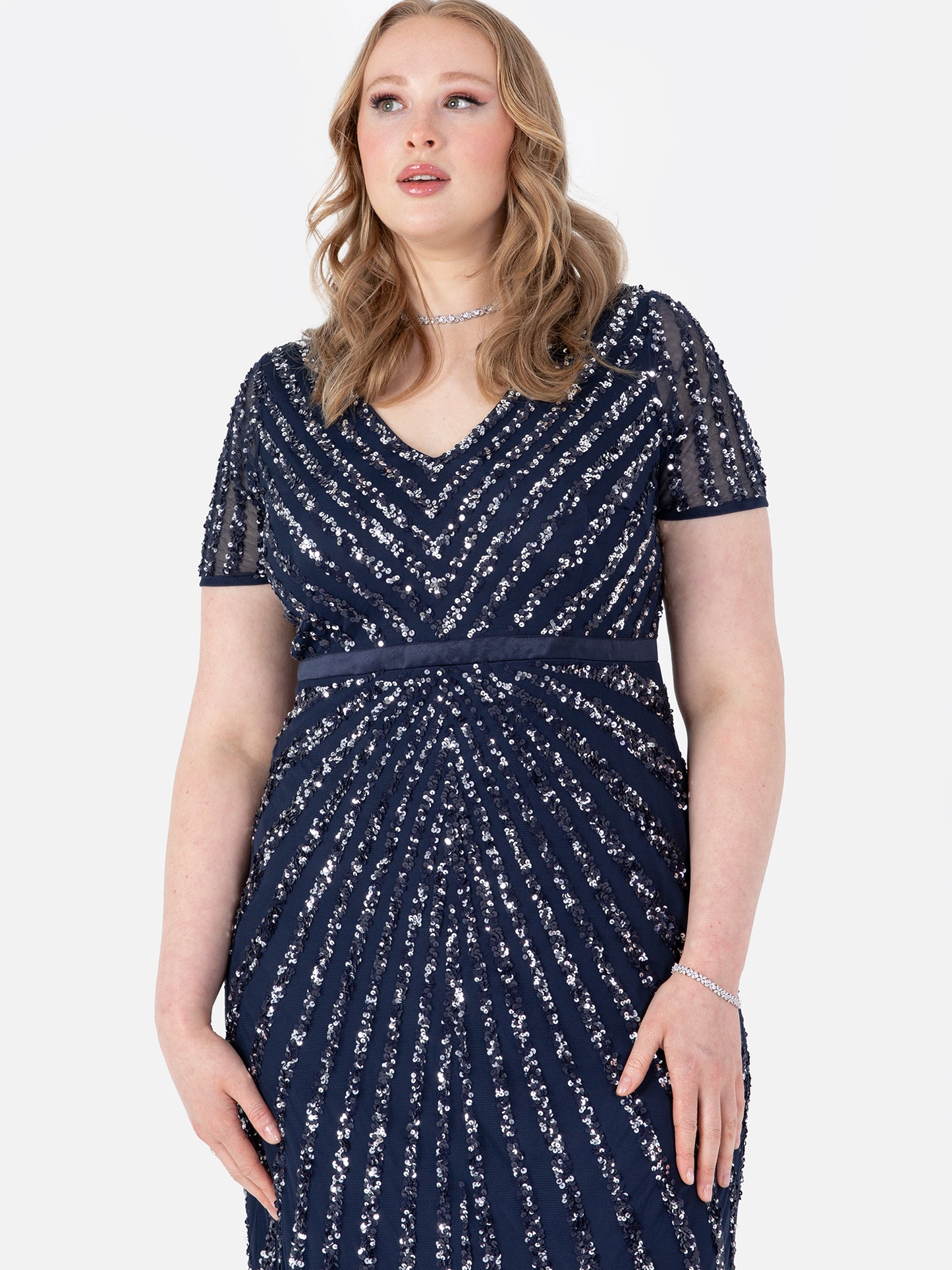 Maya Navy Short Sleeve Stripe Embellished Maxi Dress
