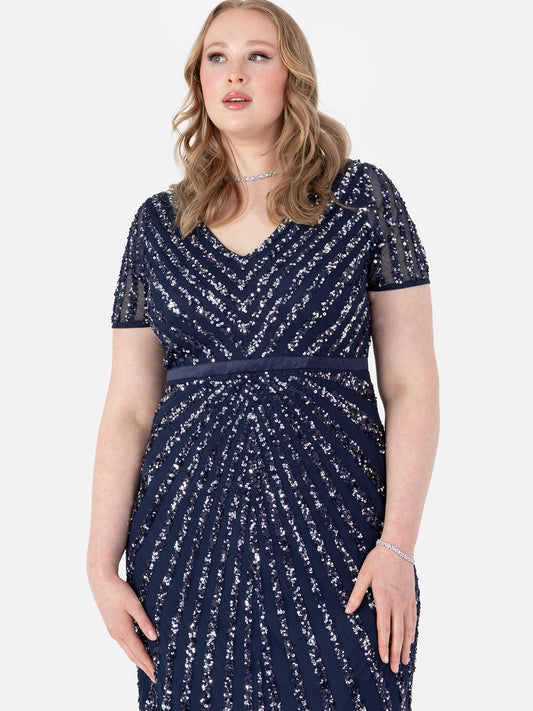 Maya Navy Short Sleeve Stripe Embellished Maxi Dress
