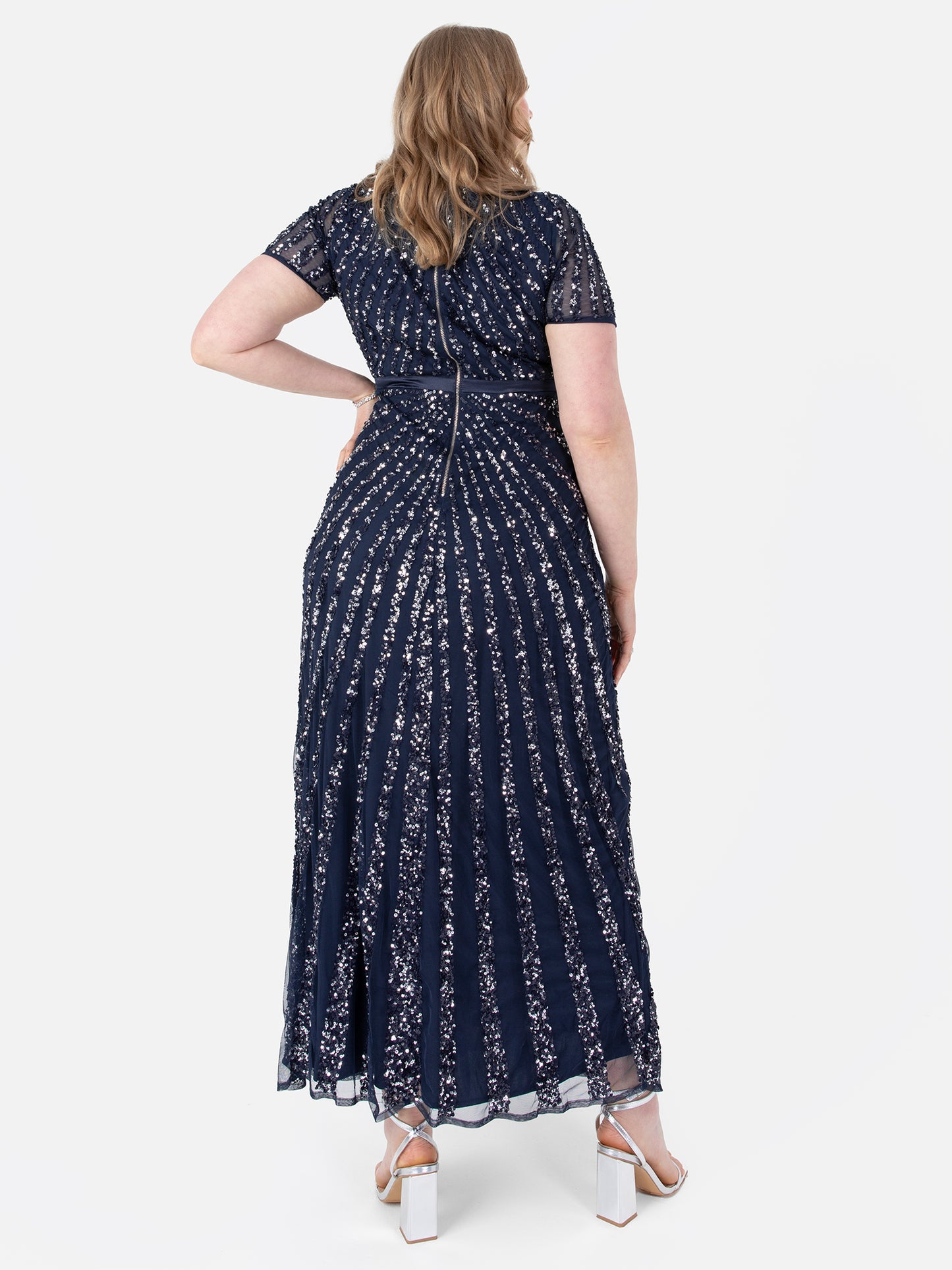 Maya Navy Short Sleeve Stripe Embellished Maxi Dress