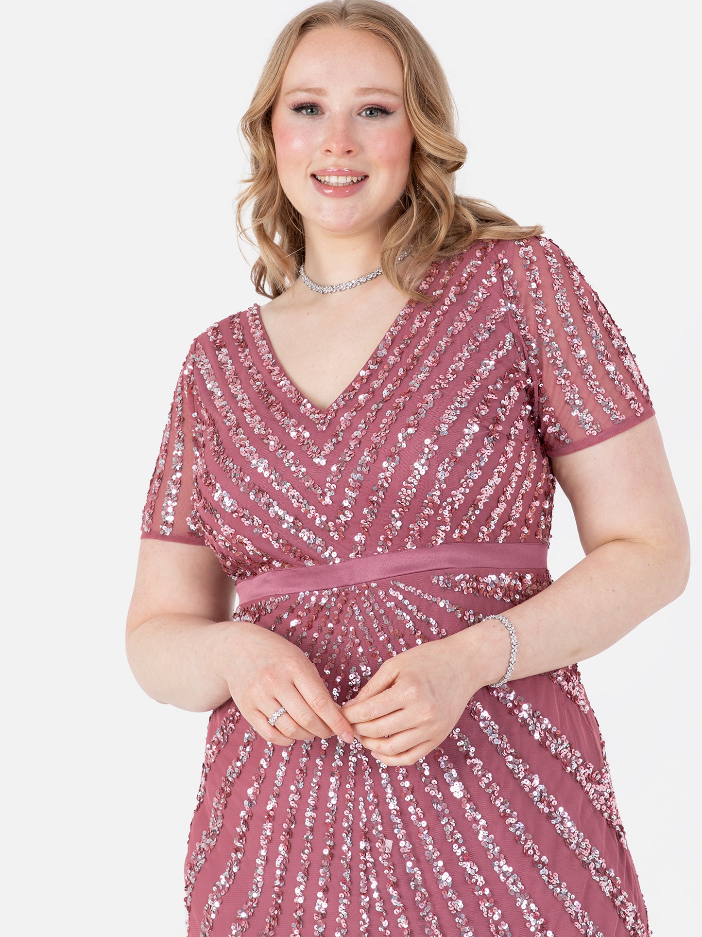 Maya Desert Rose Short Sleeve Stripe Embellished Maxi Dress