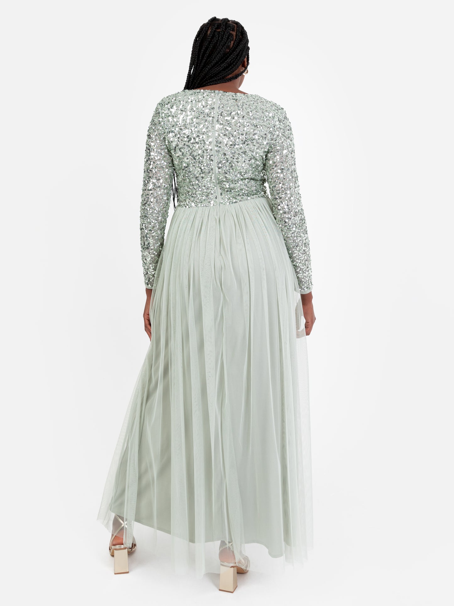 Maya Sage Green V Neck Embellished Long Sleeve Maxi Dress