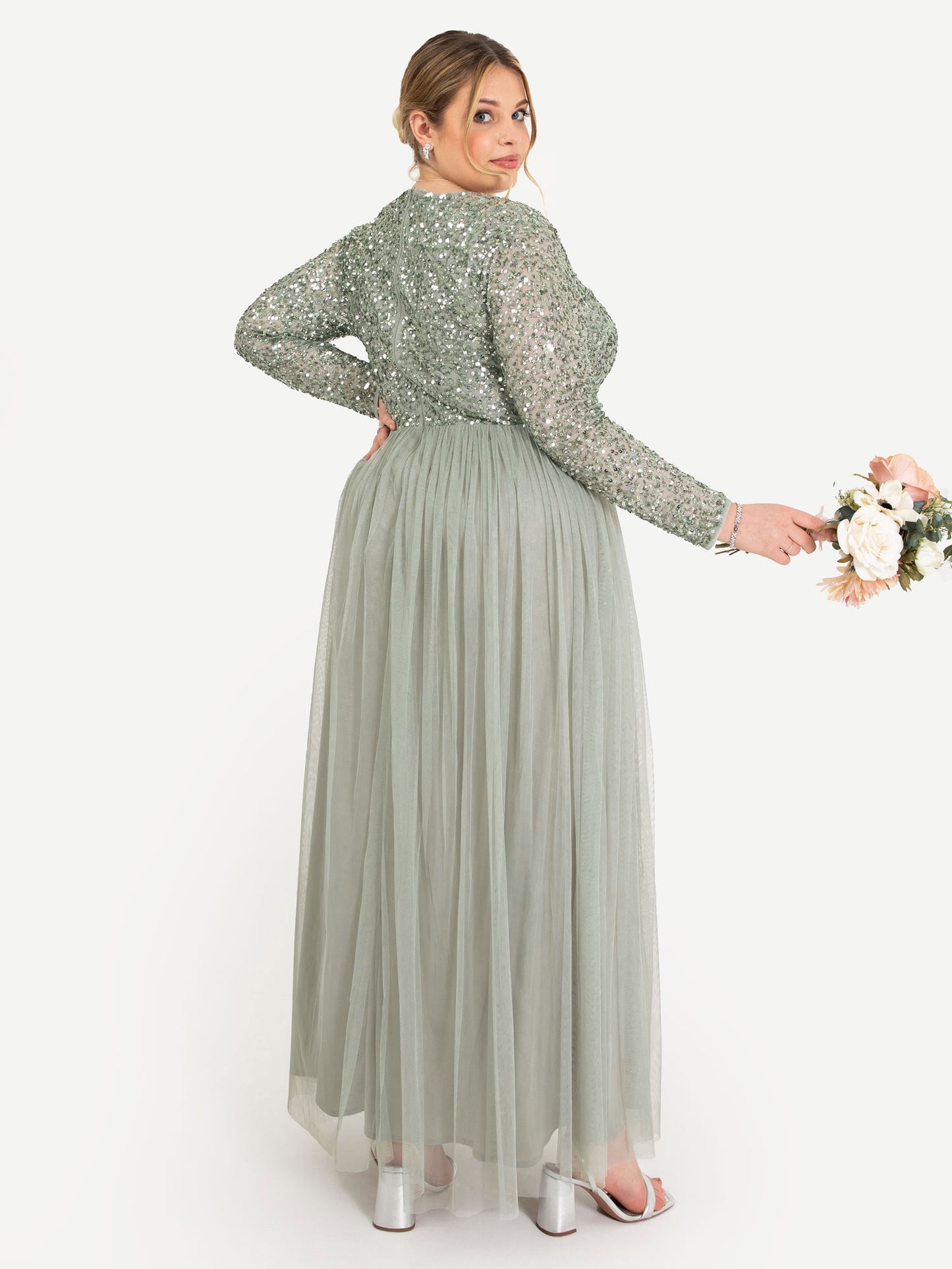 Maya Sage Green V Neck Embellished Long Sleeve Maxi Dress