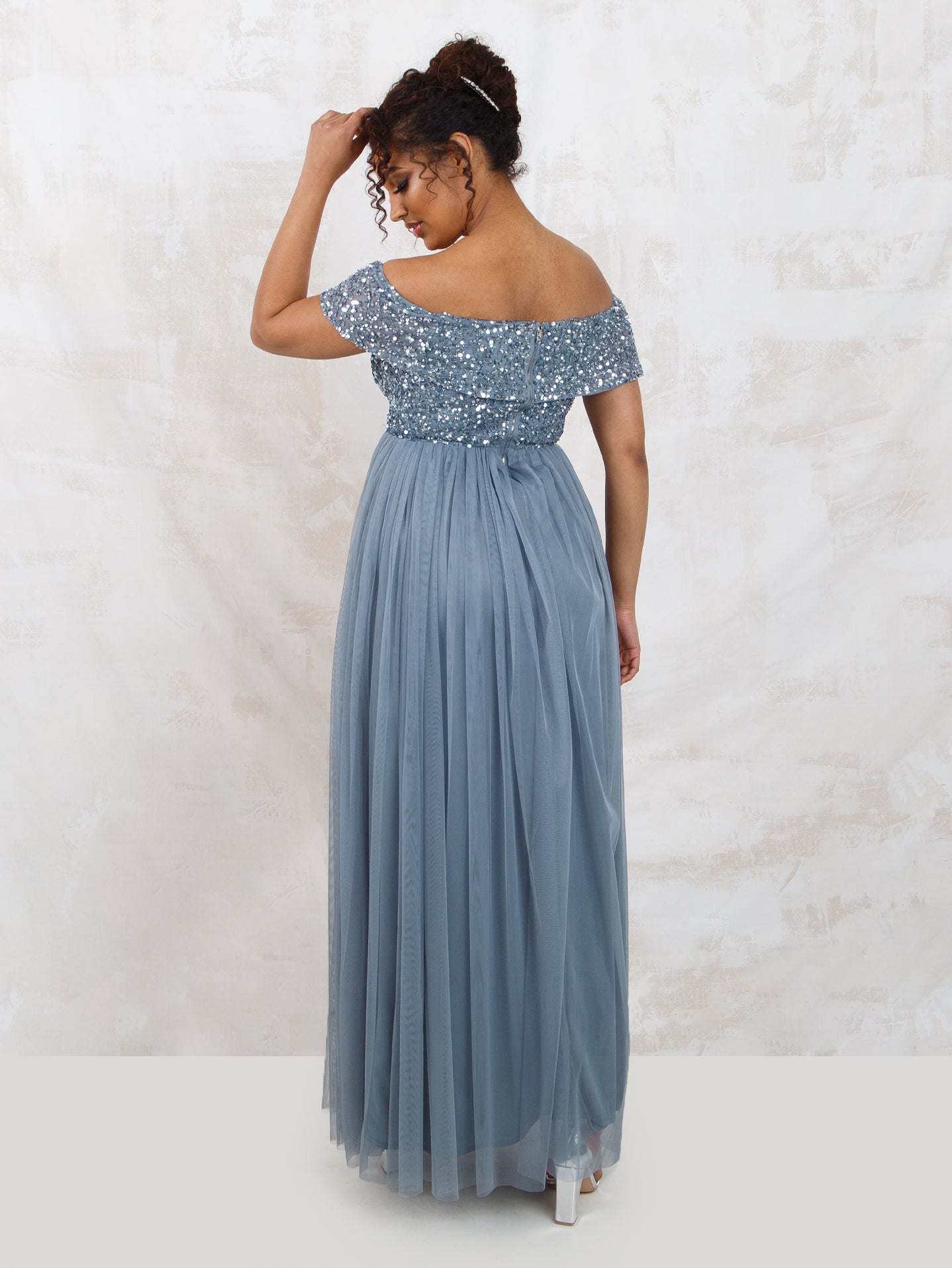 Maya Dusty Blue Bardot Embellished Maxi Dress