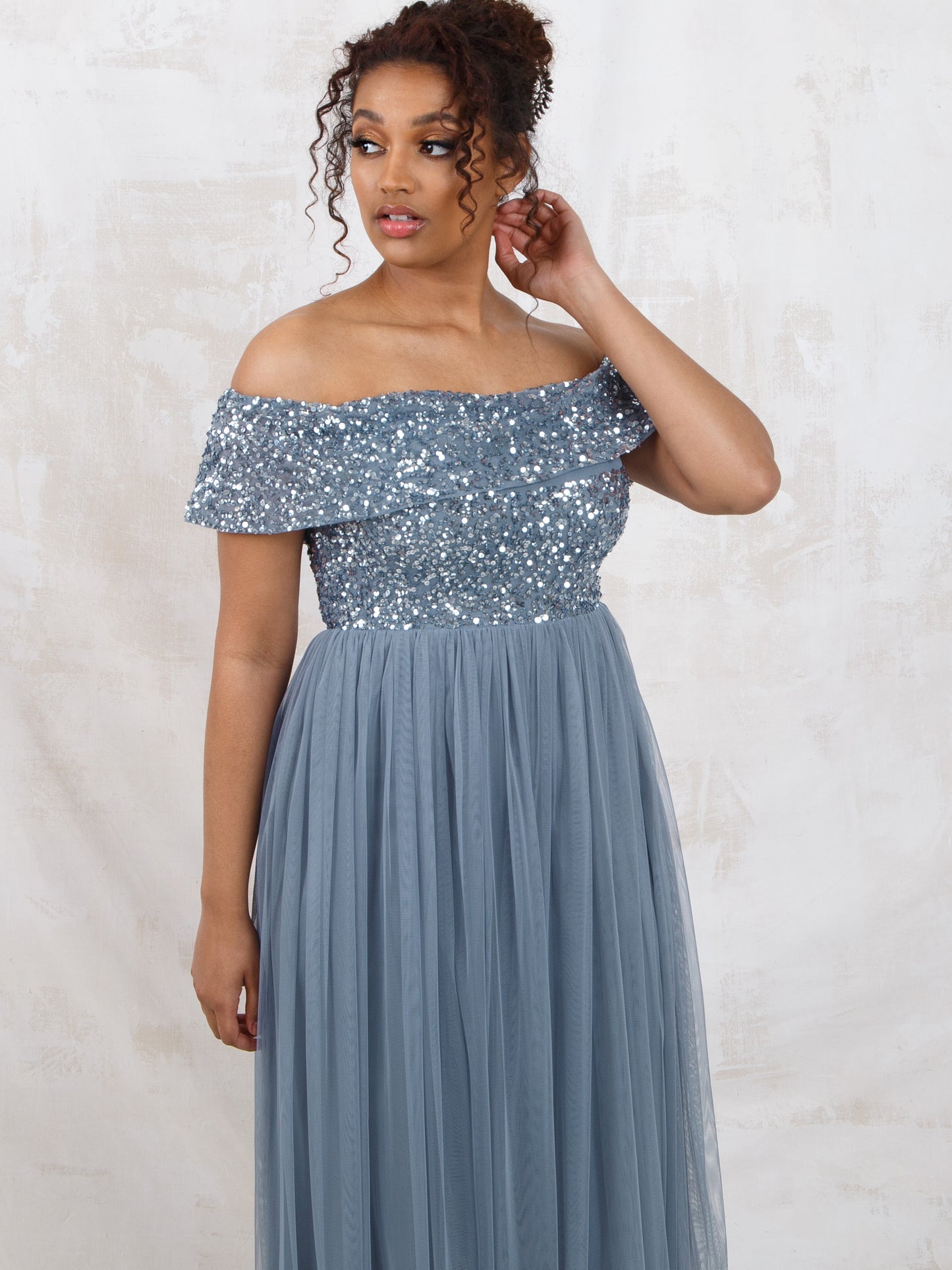 Maya Dusty Blue Bardot Embellished Maxi Dress