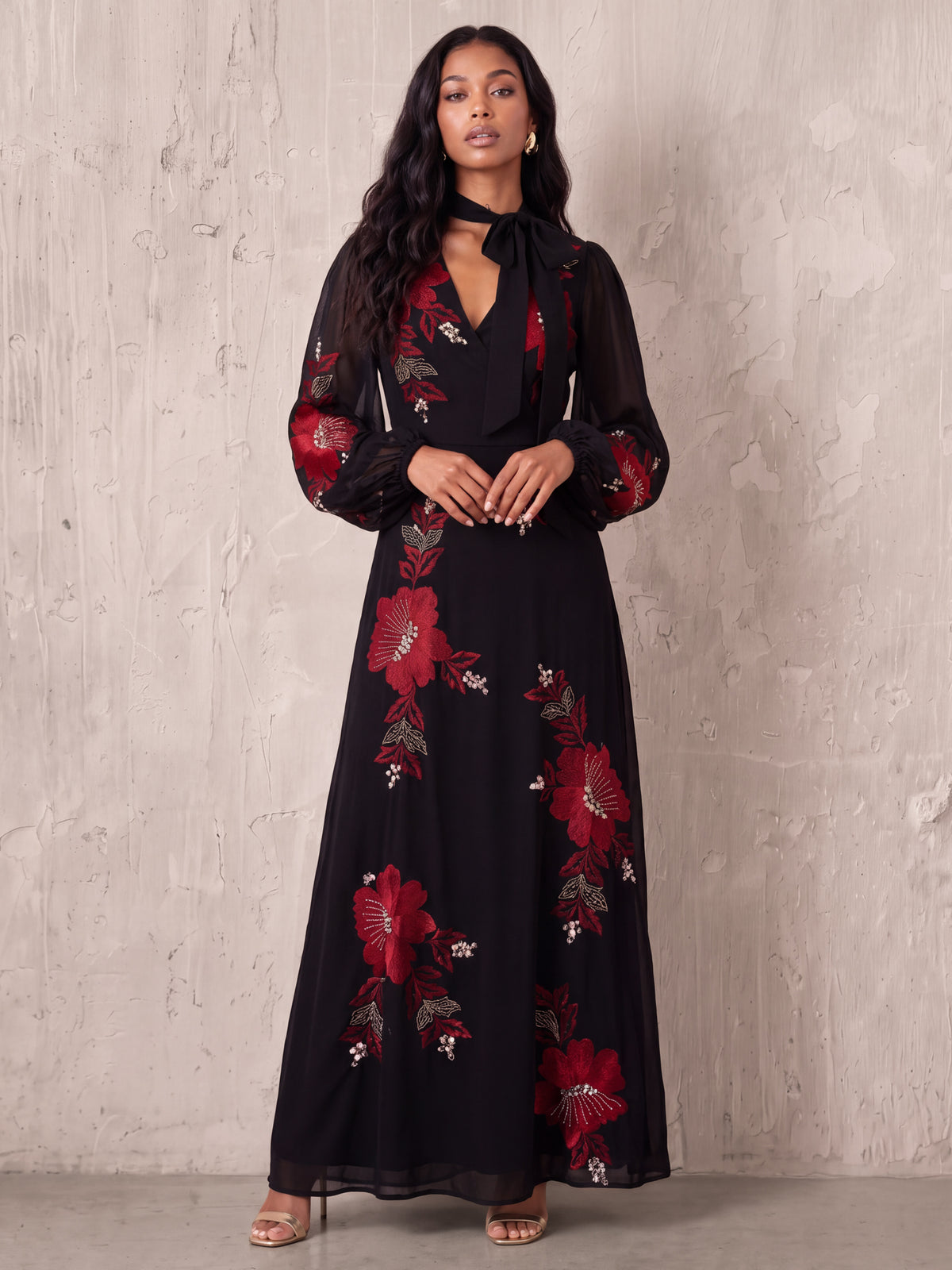 Maya Black Floral Embroidered Faux Wrap Maxi Dress with Necktie