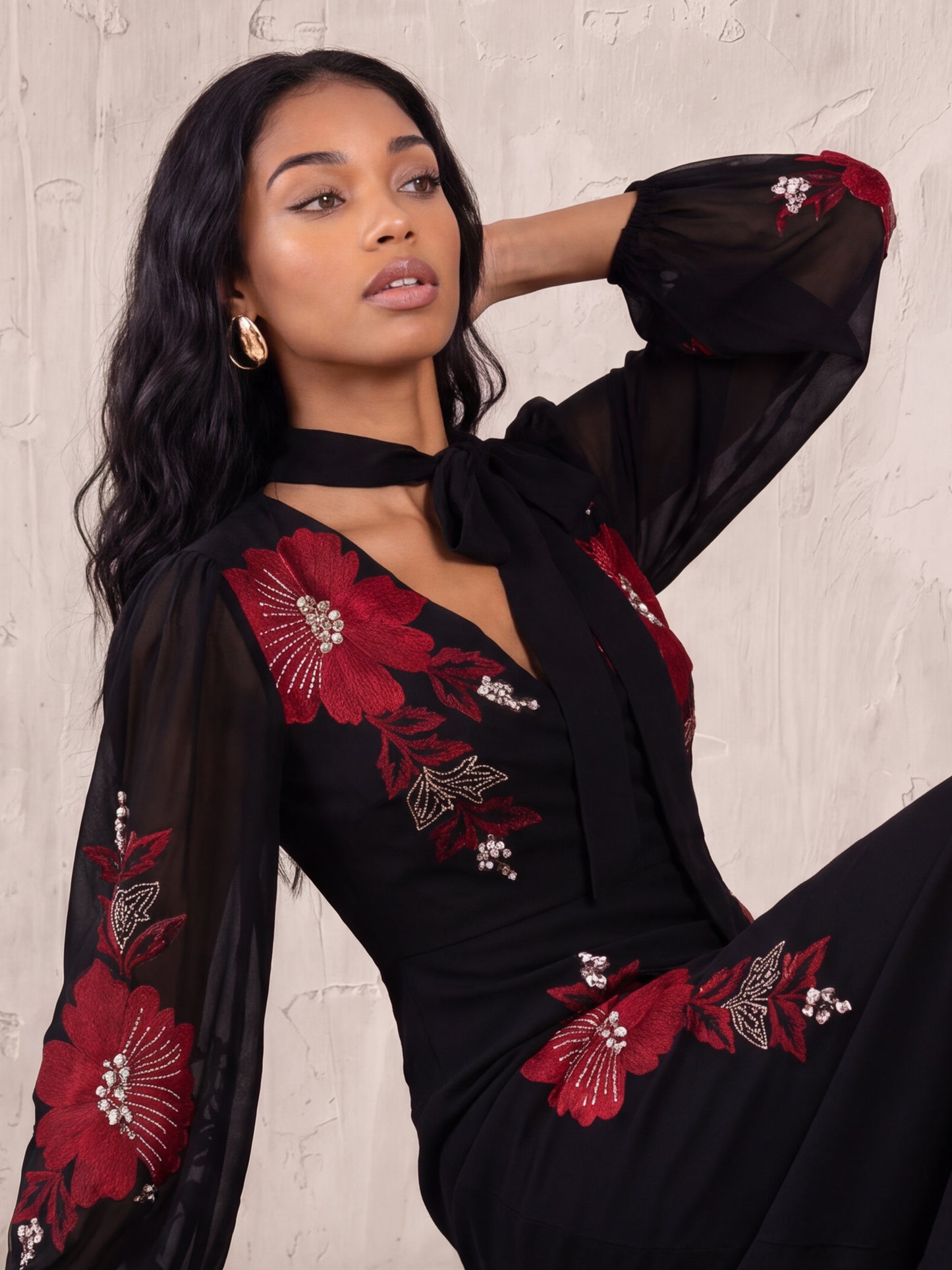 Maya Black Floral Embroidered Faux Wrap Maxi Dress with Necktie