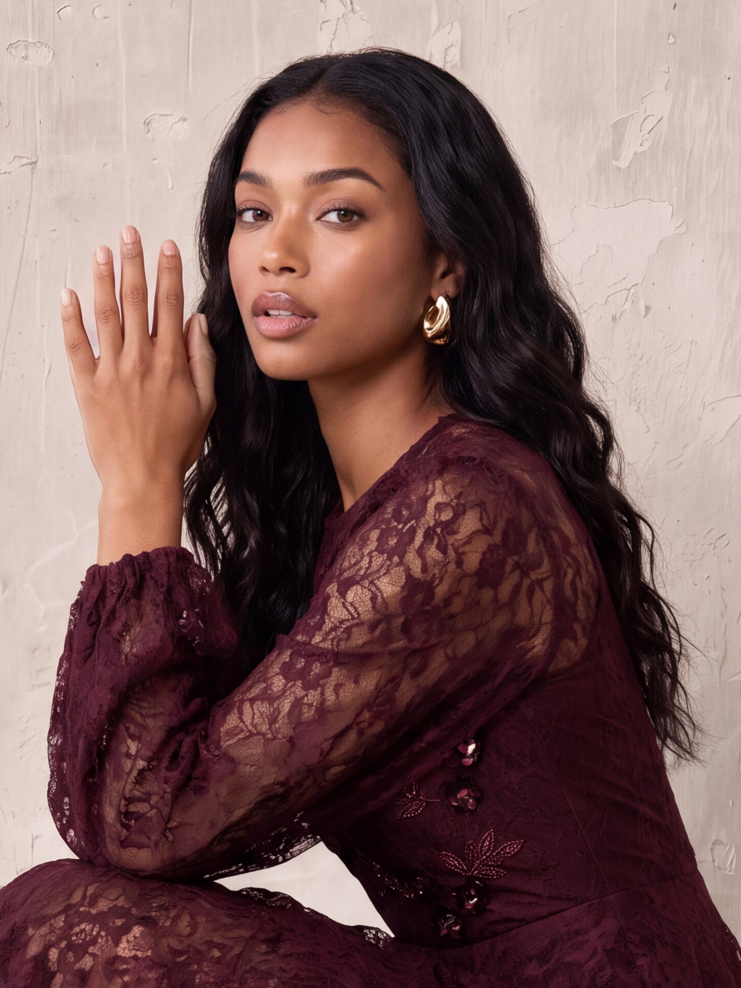 Maya Floral Embellished Blouson Sleeve Tiered Lace Maxi Dress