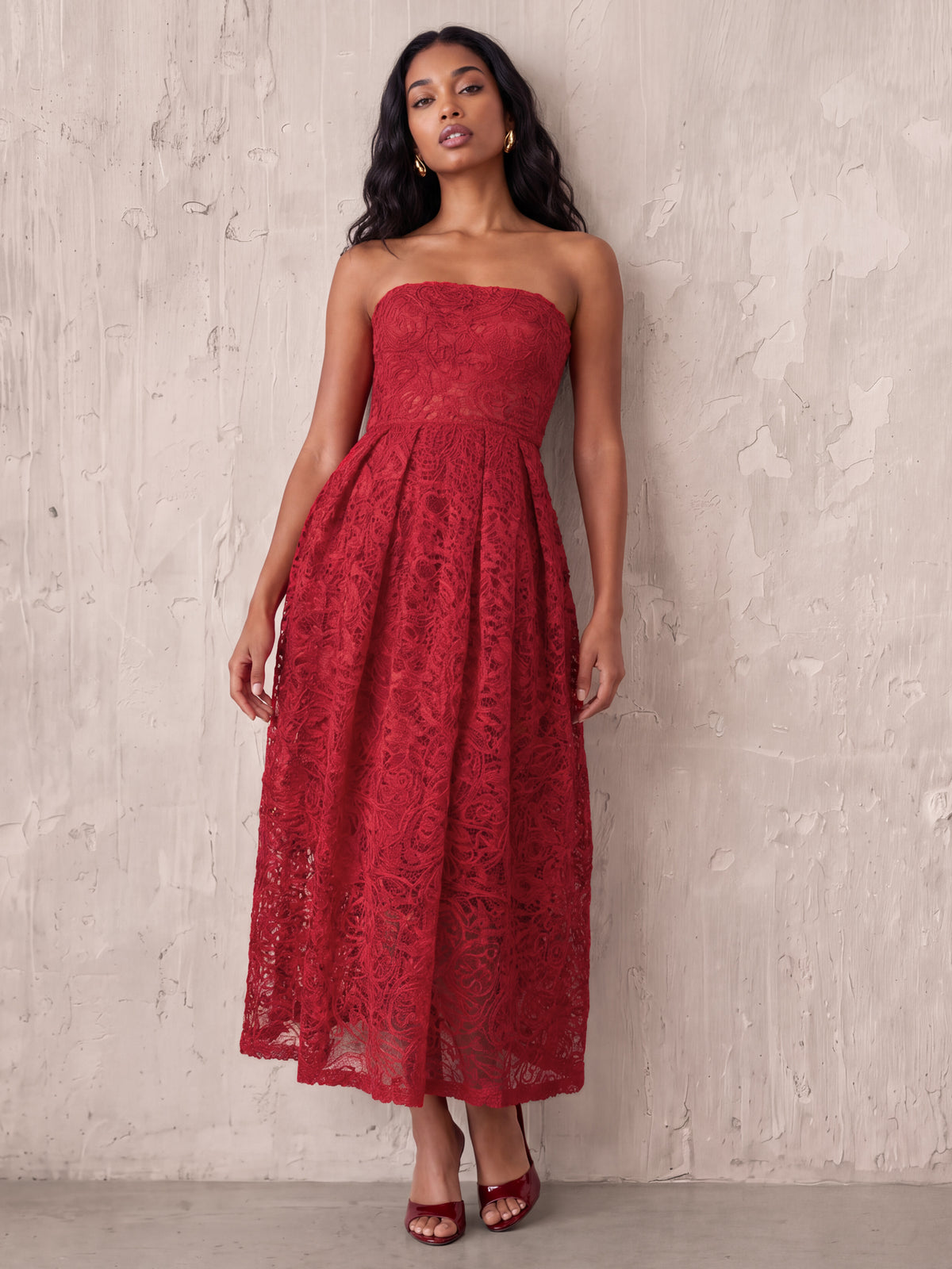 Maya Red Textured Lace Bandeau Midaxi Dress with Pockets