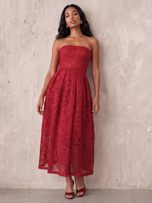 Maya Red Textured Lace Bandeau Midaxi Dress with Pockets