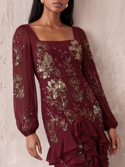Maya Ruby Embellished Blouson Sleeve Ruffle Maxi Dress
