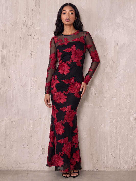 Maya Black Floral Ribbon Applique Long Sleeve Mesh Maxi Dress