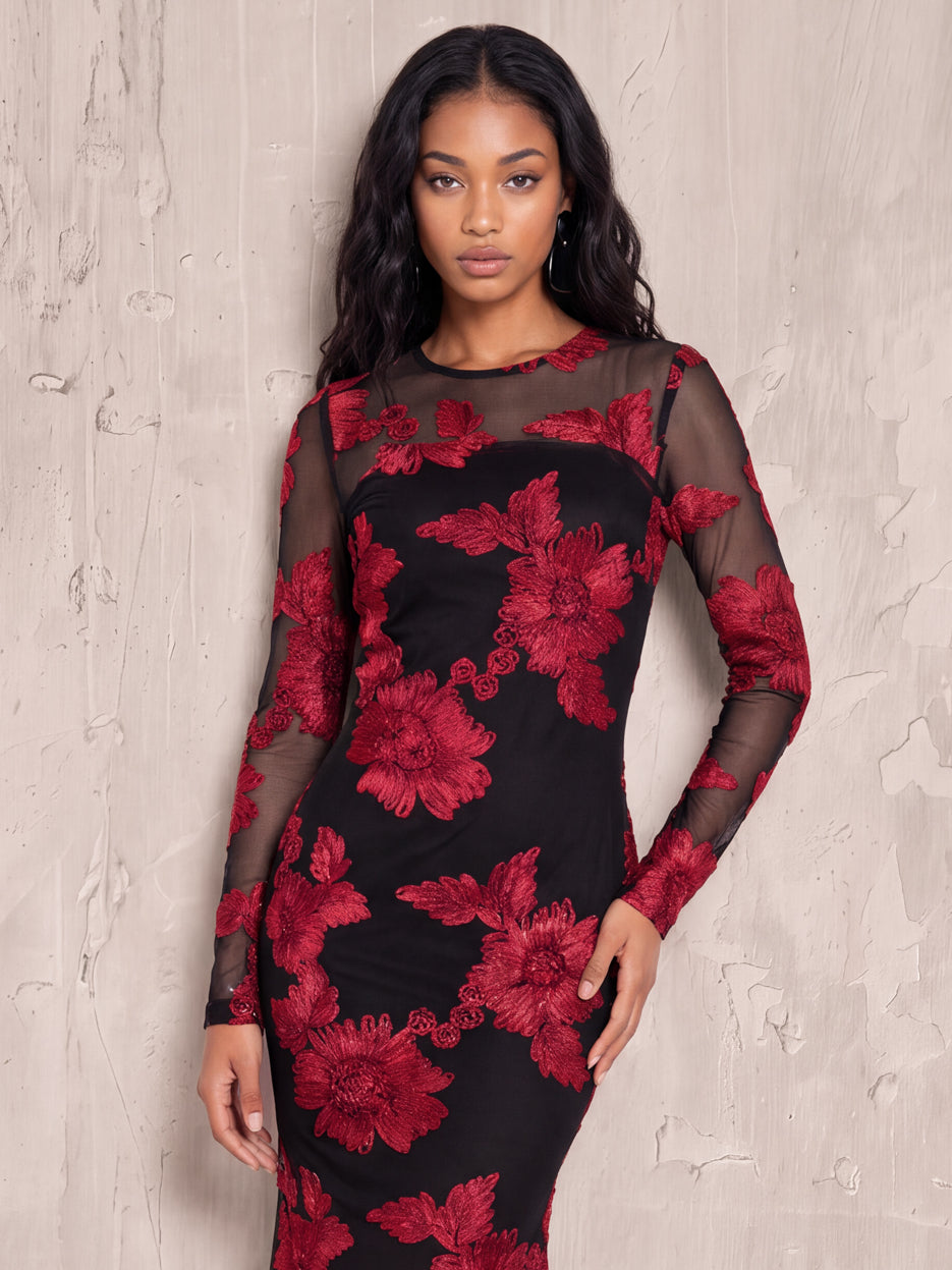 Maya Black Floral Ribbon Applique Long Sleeve Mesh Maxi Dress