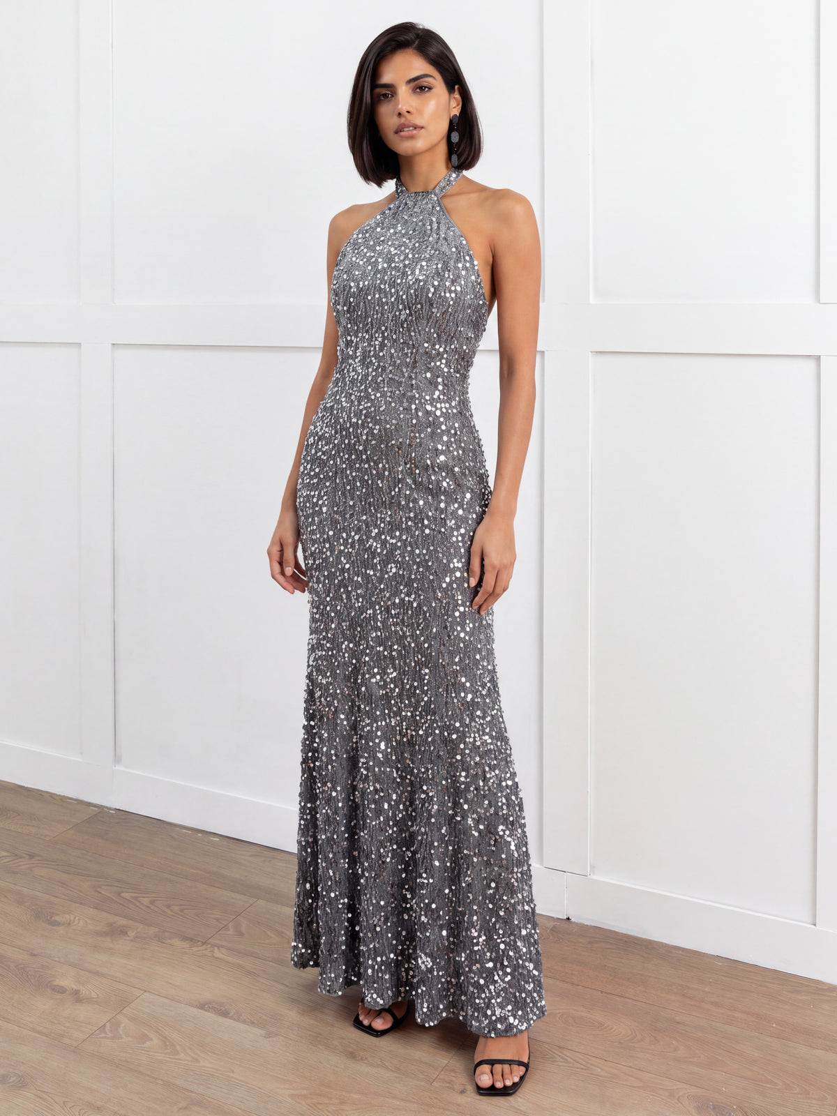 Maya Silver Embellished Halter Neck Velvet Maxi Dress