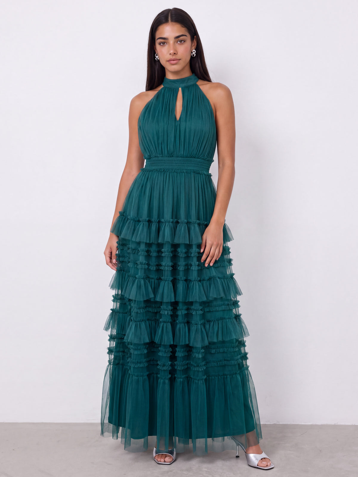 Anaya With Love Recycled Teal Halter Neck Tiered Maxi Dress