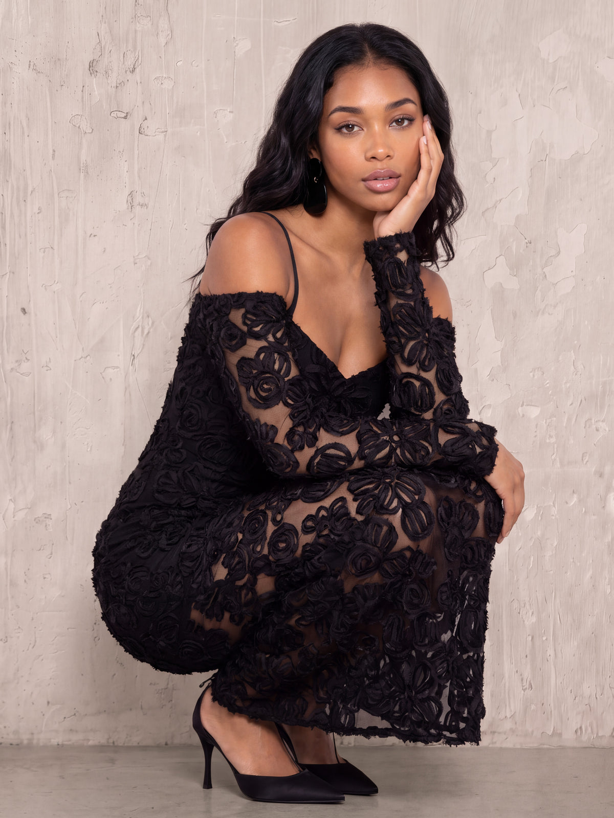 Maya Black Cold Shoulder Floral Mesh Maxi Dress