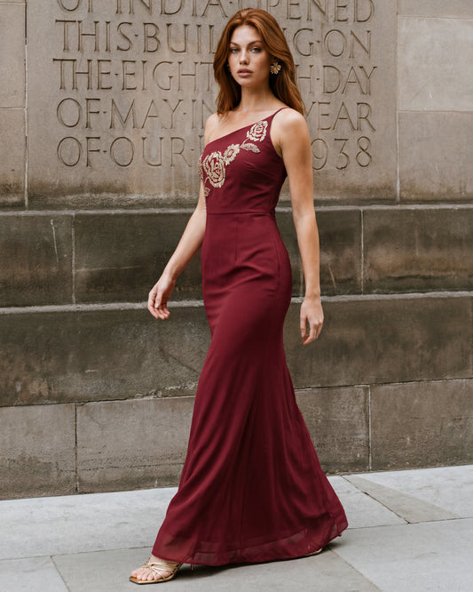Maya Ruby Embellished Strappy One Shoulder Maxi Dress