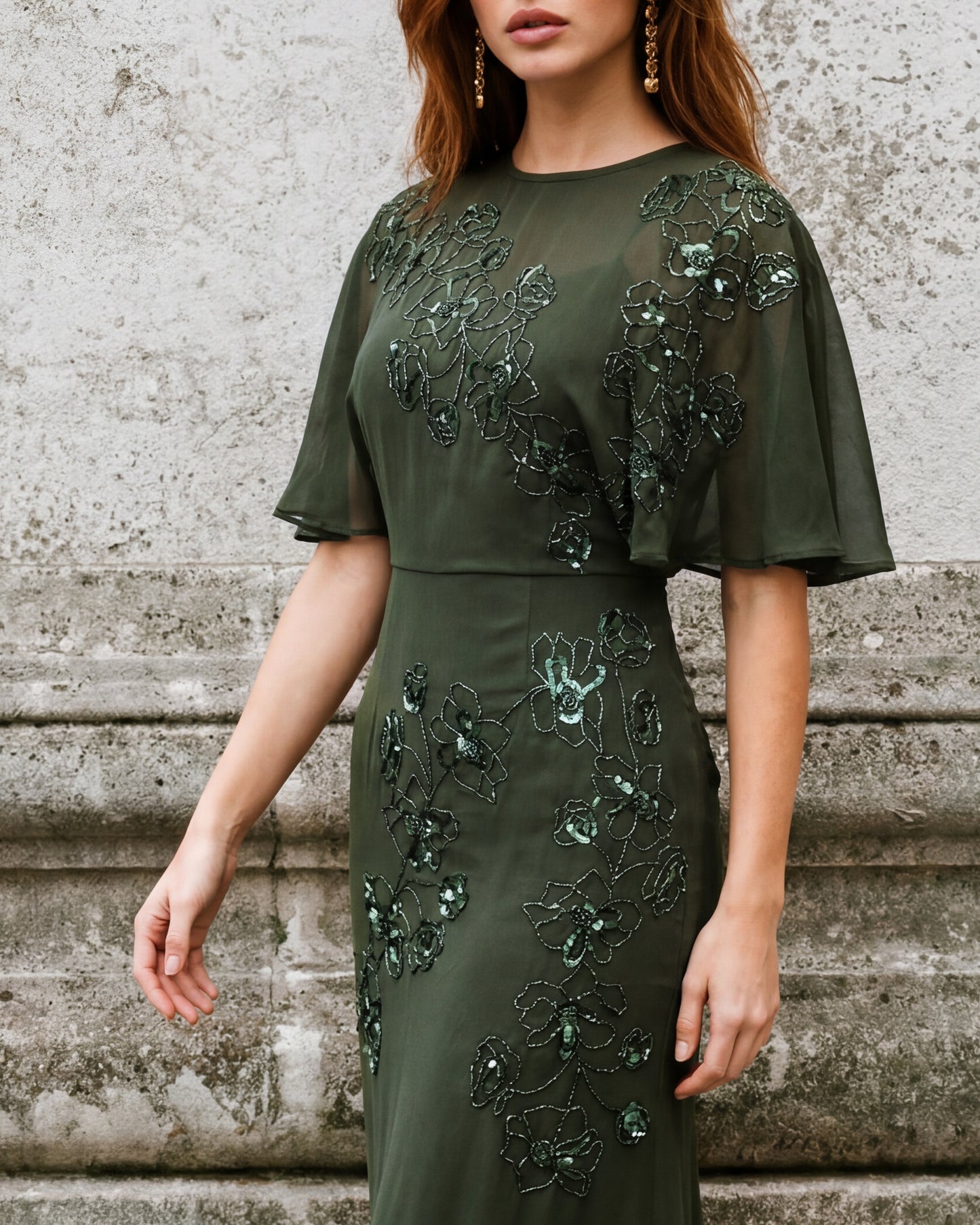 Maya Forest Green Floral Embellished Angel Sleeve Maxi Dress