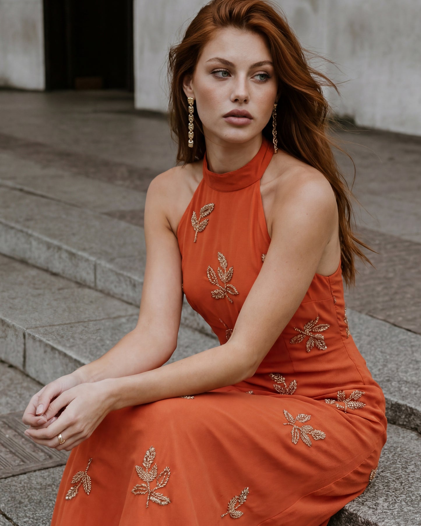 Maya Burnt Orange Embellished Halter Neck & Open Back Maxi Dress