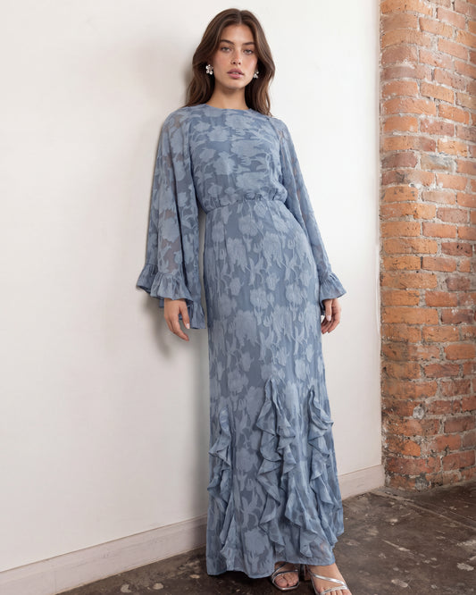 Anaya With Love Recycled Opal Blue Floral Burnout Oversized Ruffle Sleeve Maxi Dress