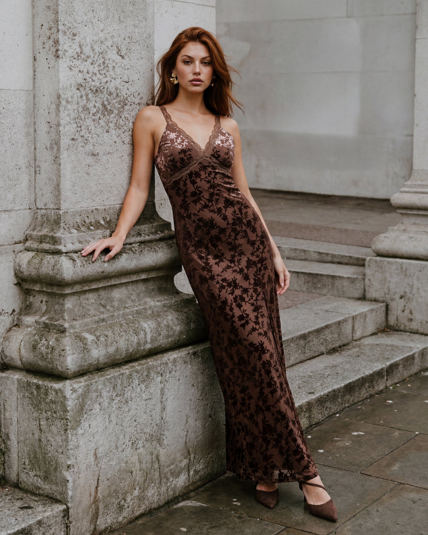 Maya Chocolate Velvet Devore Strappy Maxi Dress with Lace Trims