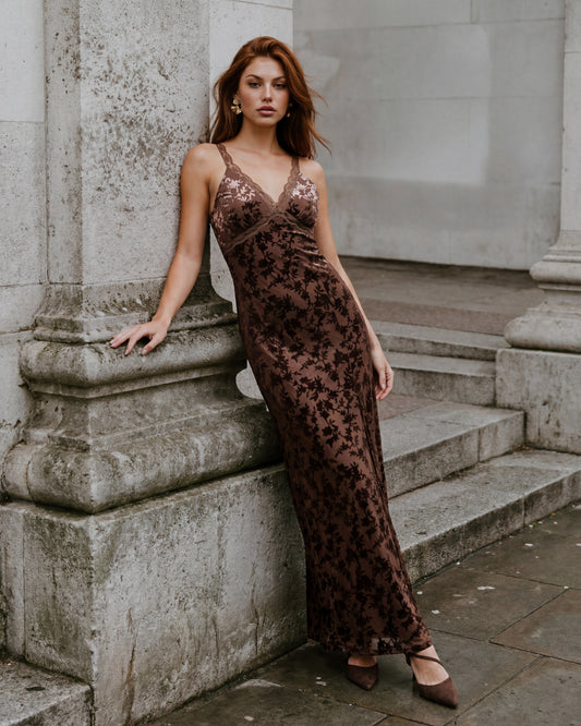 Maya Chocolate Velvet Devore Strappy Maxi Dress with Lace Trims