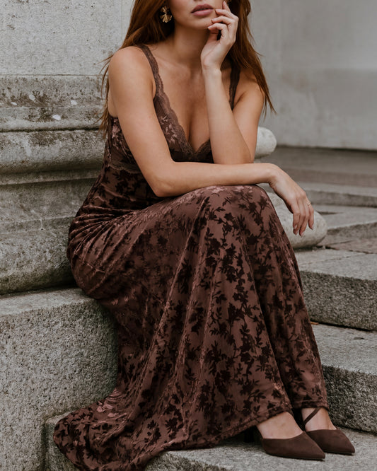 Maya Chocolate Velvet Devore Strappy Maxi Dress with Lace Trims