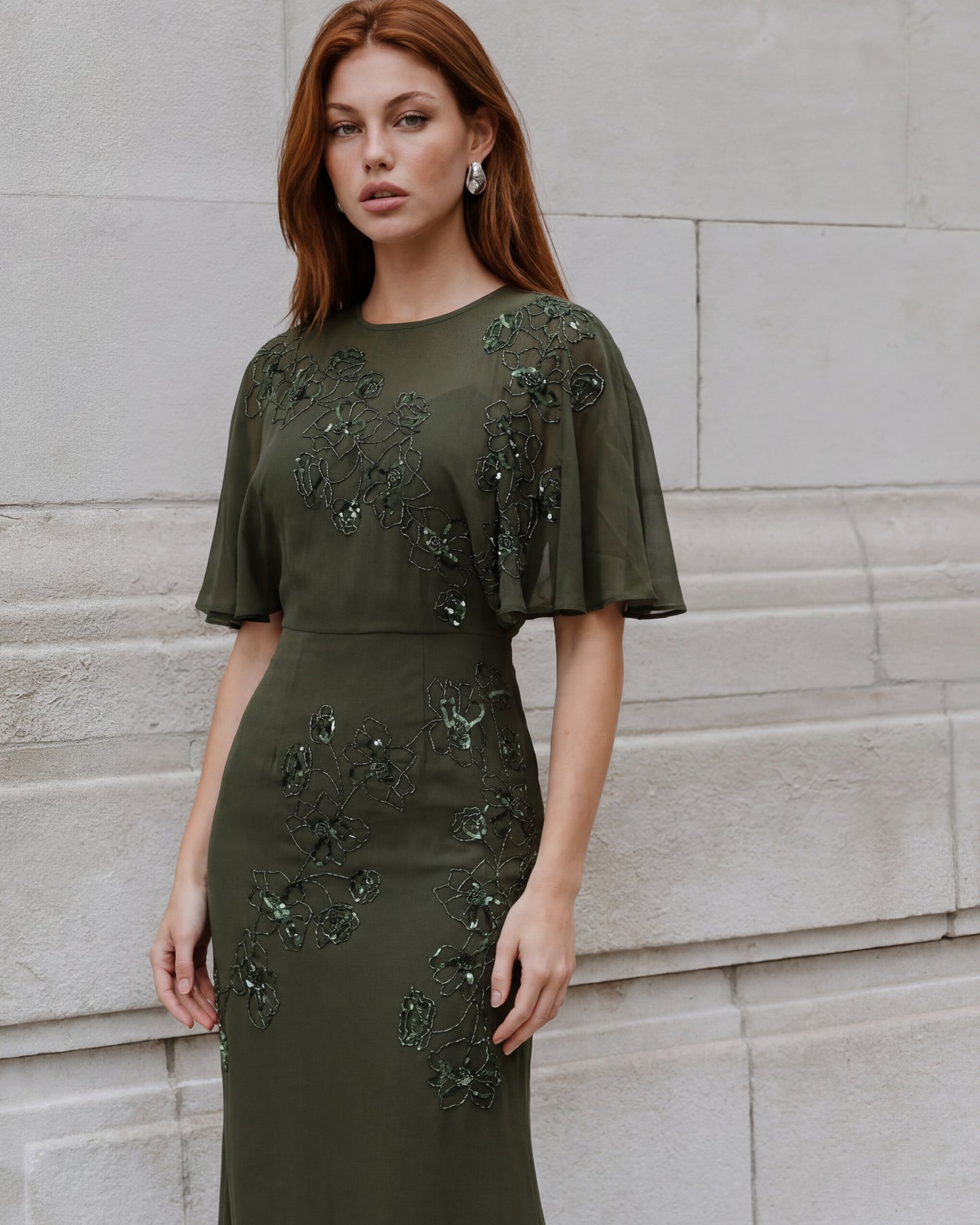 Maya Forest Green Floral Embellished Angel Sleeve Maxi Dress